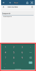 Screenshot: The Read command's workflow open. The pointer is in the Endpoint ID entry field and the mobile device's standard alphanumeric keyboard is open.