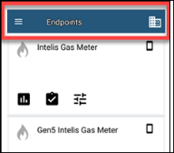 Screenshot: The Endpoints menu with highlighting around the top-most part, displaying a heading-style section that includes just the menu button, the screen title (Endpoints), and the Business Unit Selector button.