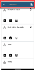 Screenshot: The Endpoints menu with highlighting around the top-most part, displaying a heading-style section that includes just the menu button, the screen title (Endpoints), and the Business Unit Selector button.