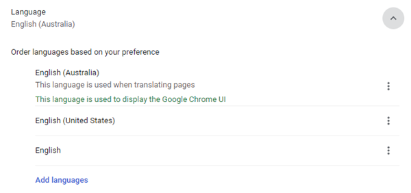 Google Chrome language settings dialog.